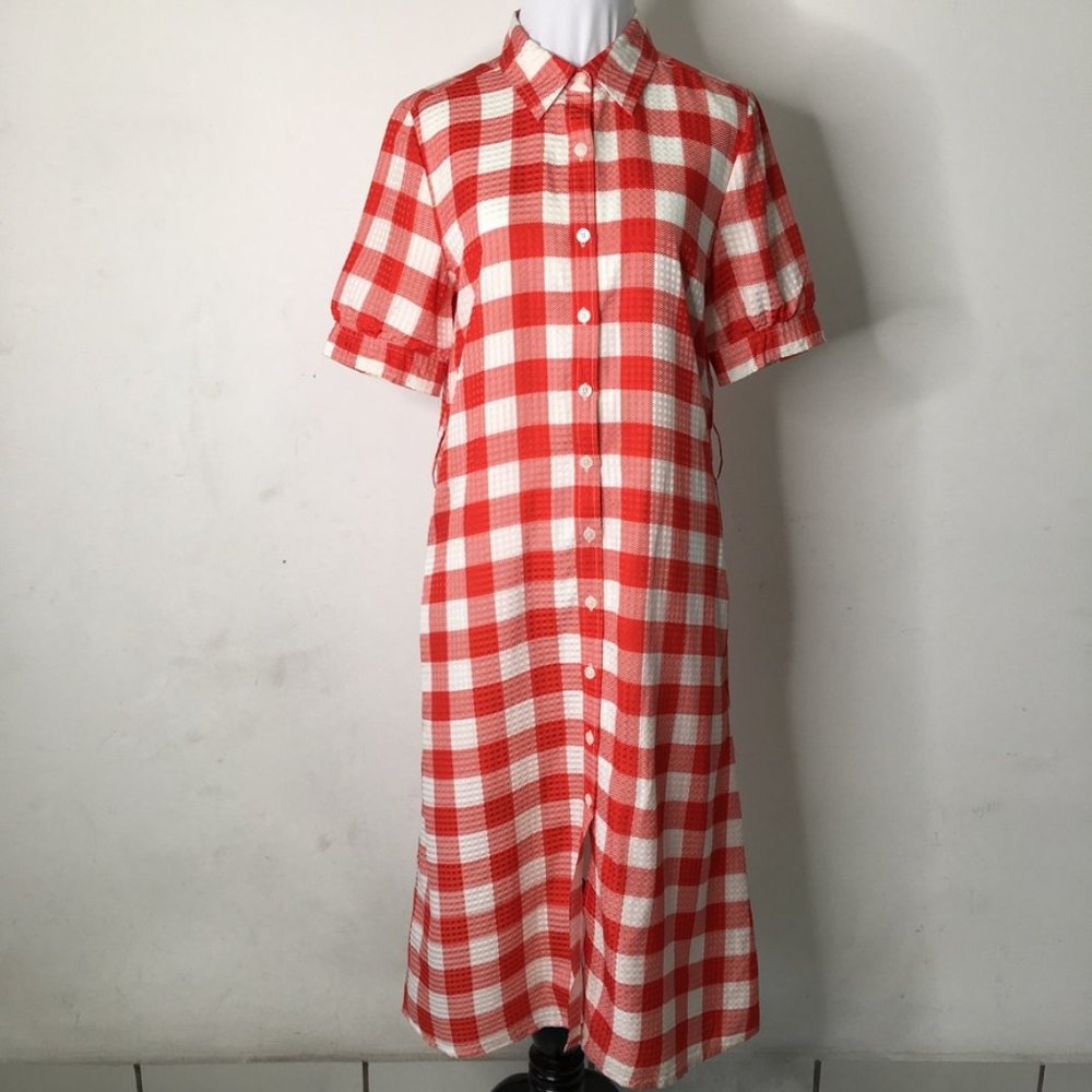 Draper James Red White Gingham Button Down Short Sleeve Dress Size 6 - Picture 3 of 16